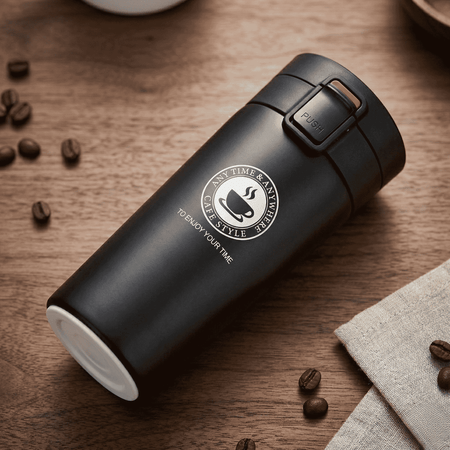 Black Vacuum Insulated Stainless Steel Coffee Mug with Lid | Leakproof Travel Tumbler – 450 ML