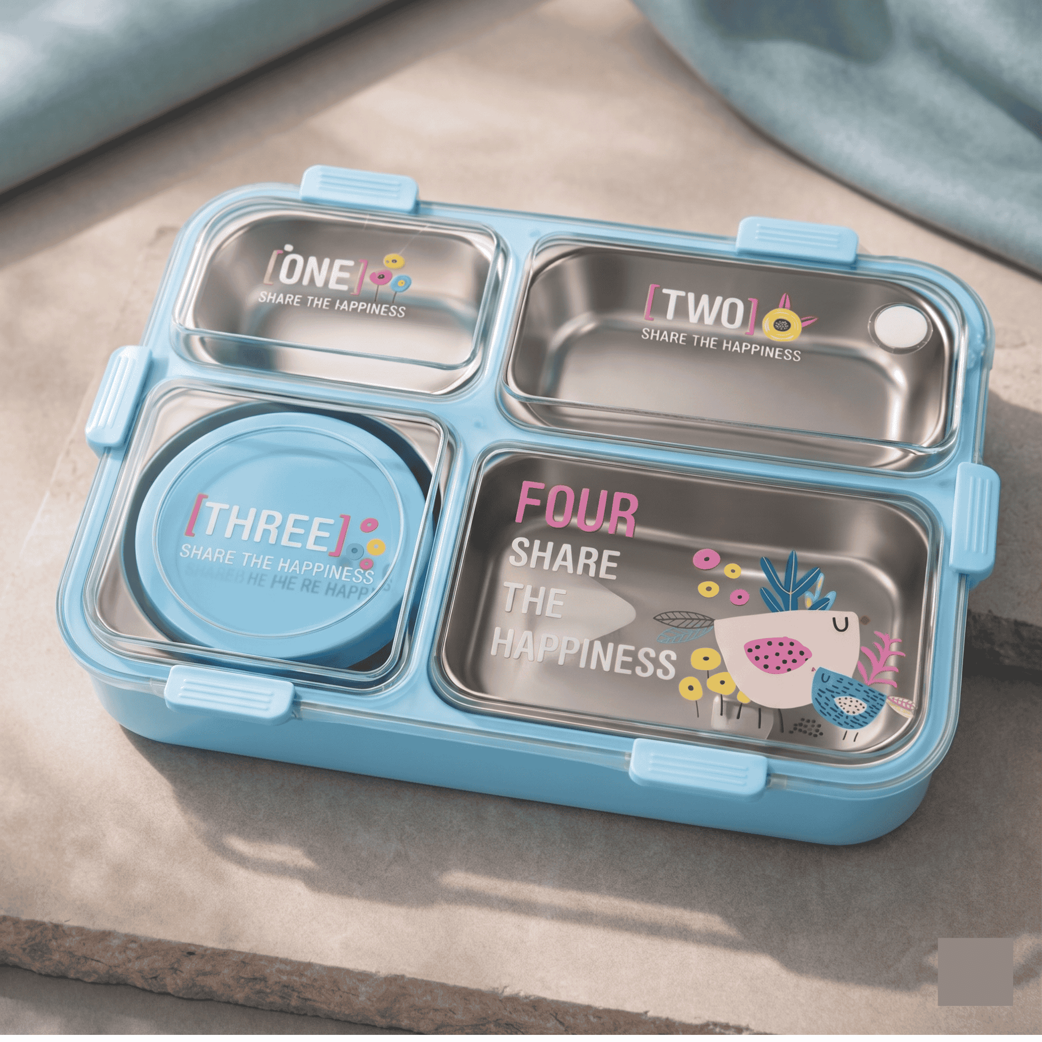 Kids Leakproof Lunch Box with 4 Compartments, Stainless Steel Tray & Spoon