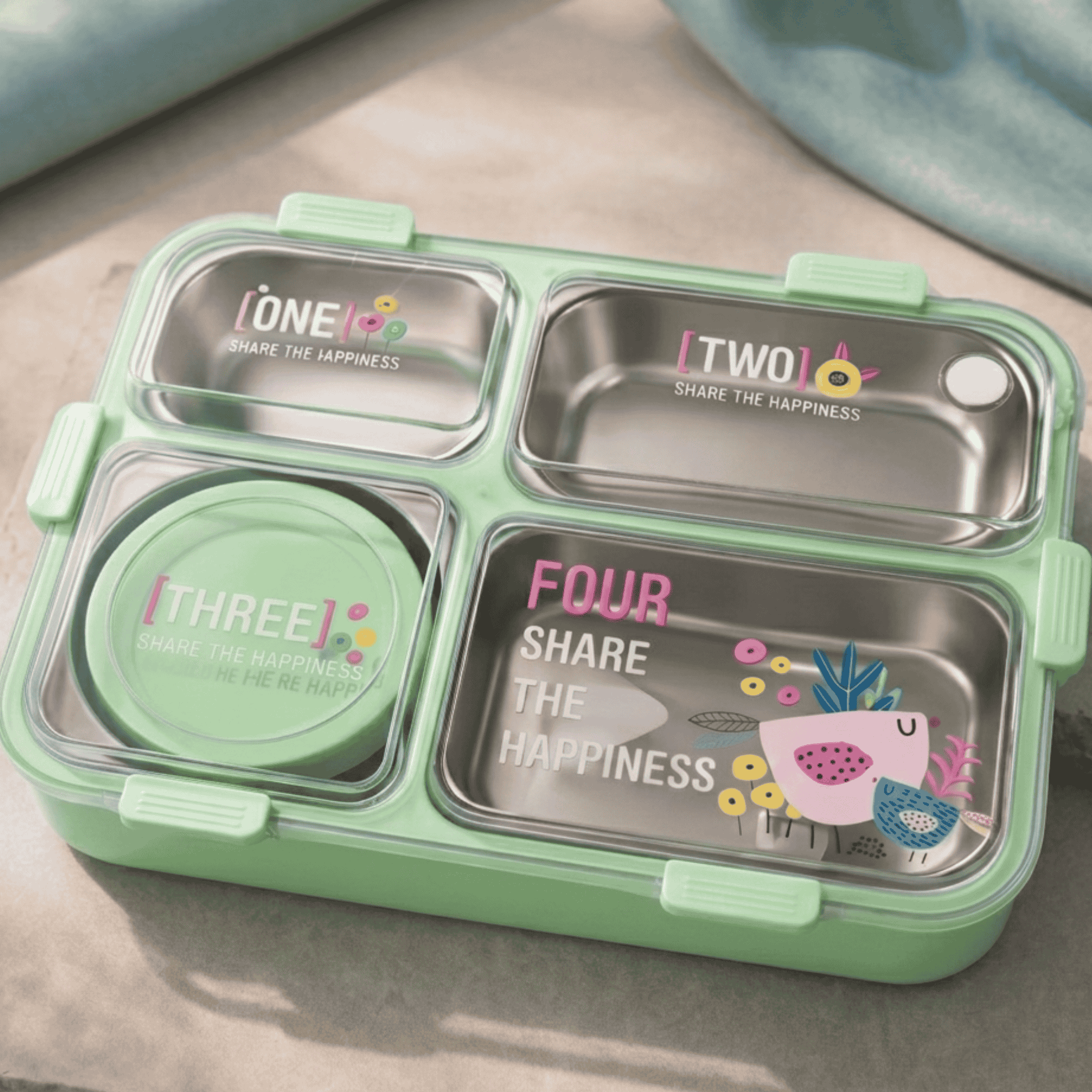 Kids Leakproof Lunch Box with 4 Compartments, Stainless Steel Tray & Spoon