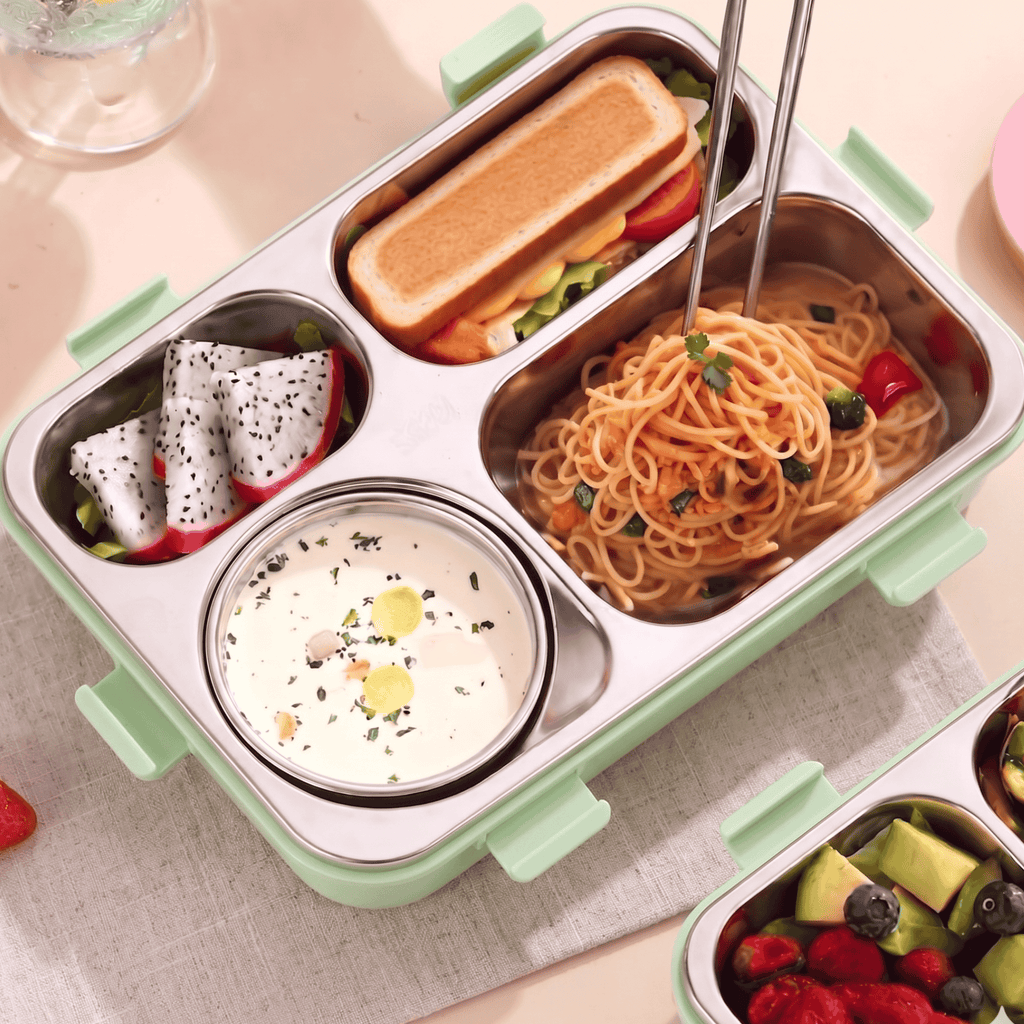 Kids Leakproof Lunch Box with 4 Compartments, Stainless Steel Tray & Spoon