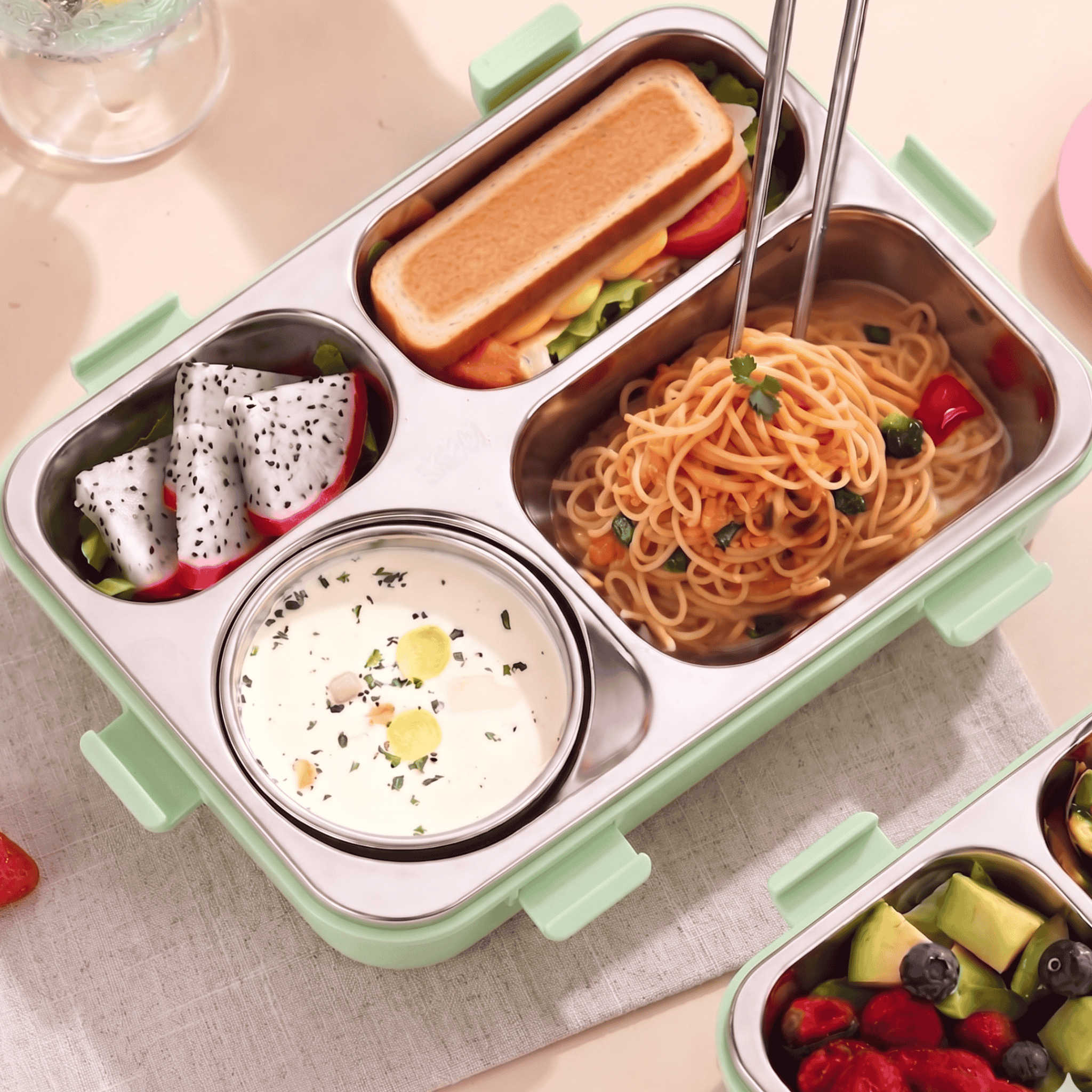 Kids Leakproof Lunch Box with 4 Compartments, Stainless Steel Tray & Spoon