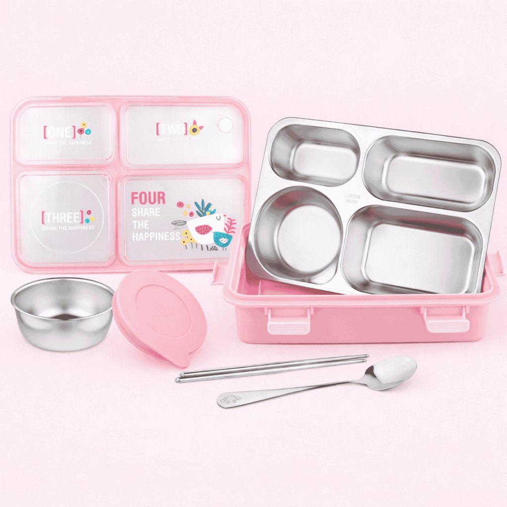Kids Leakproof Lunch Box with 4 Compartments, Stainless Steel Tray & Spoon