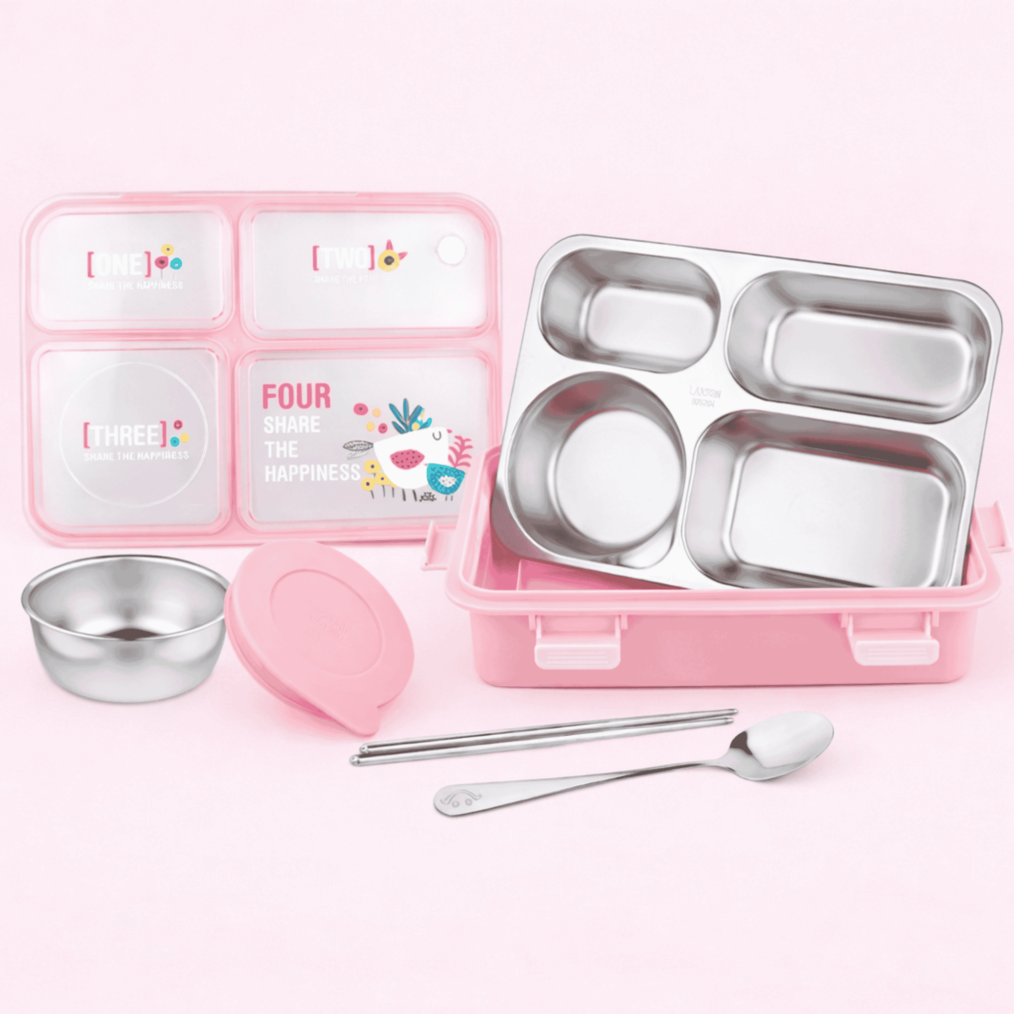 Kids Leakproof Lunch Box with 4 Compartments, Stainless Steel Tray & Spoon