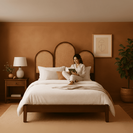 Sienna Cane Modern King Size Bed With Upholstered Headboard