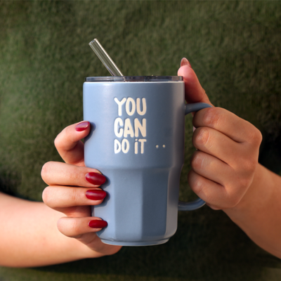 Blue Desktop Coffee Mug with Glass Straw and Spill-Proof Lid – 500ml