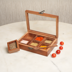 Sheesham Wood Spice Box with 6 Compartments, Glass Lid & Wooden Spoon