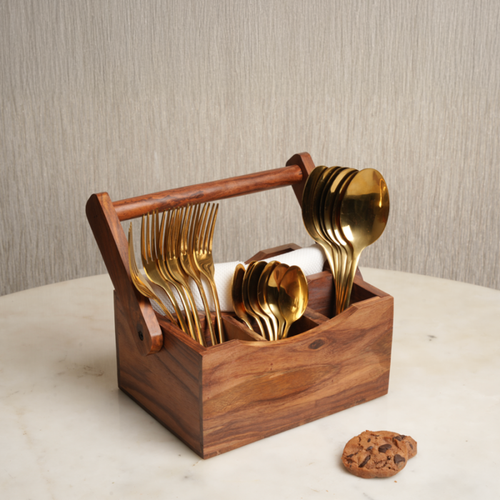 Rustic Wooden Cutlery Holder for Kitchen Counter | Spoon & Utensil Organizer Stand