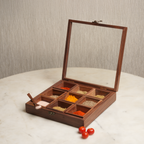 Sheesham Wood Masala Box with 9 Compartments, Glass Lid & Wooden Spoon