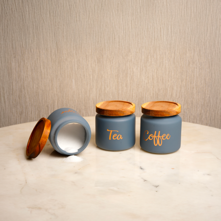 Grey Mist Ceramic Canister Set with Wooden Lid – Kitchen Storage Jars Set of 3