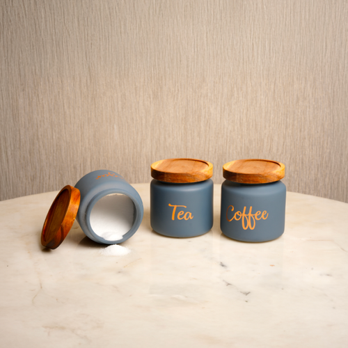 Grey Mist Ceramic Canister Set with Wooden Lid – Kitchen Storage Jars Set of 3