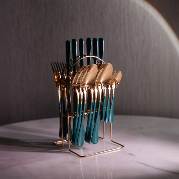 Emerald Gold Cutlery -Stainless Steel Cutlery Set with Stand: 24pc