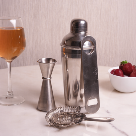 Mixology Four – Silver Cocktail Shaker Set | 4-Piece Bar Tool Set with Jigger & Strainer