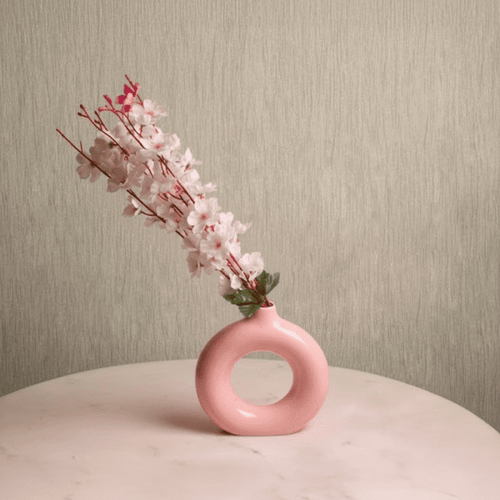 Rose Halo Vase - Pink Ceramic Donut Vase Modern Circular Hollow Flower Pot