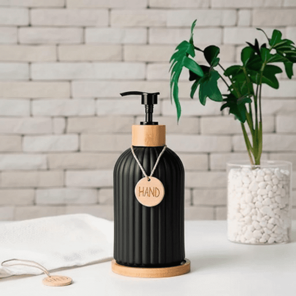 Matte Black Glass Soap Dispenser with Bamboo Pump - 350ml