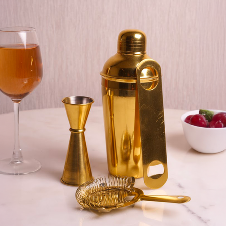 Mixology Four – Gold Cocktail Shaker Set | 4-Piece Bar Tool Set with Jigger & Strainer