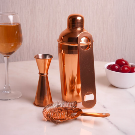 Mixology Four – Copper Cocktail Shaker Set | 4-Piece Bar Tool Set with Jigger & Strainer