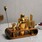Gold Finish Bar Tool Set with Wooden Stand – Cocktail Accessories Set - 7 Pieces