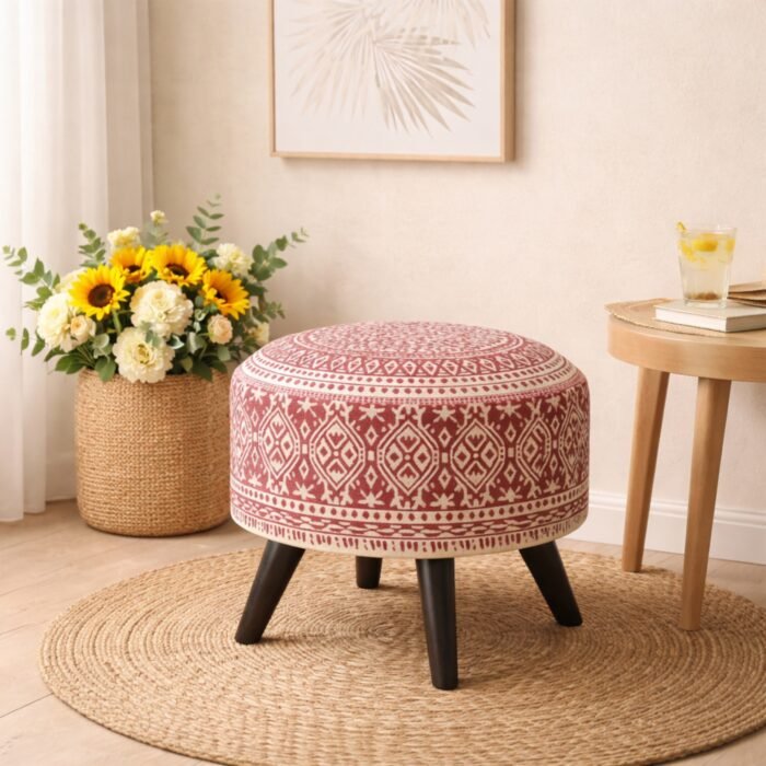 Boho Printed Upholstered Ottoman Stool – Stylish Round Footrest for Modern Homes - Image 1