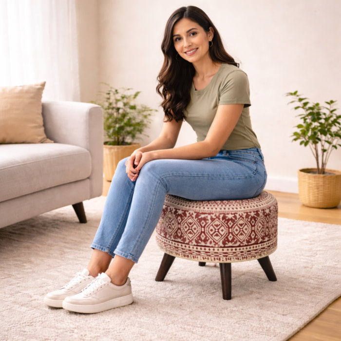 Boho Printed Upholstered Ottoman Stool – Stylish Round Footrest for Modern Homes - Image 2