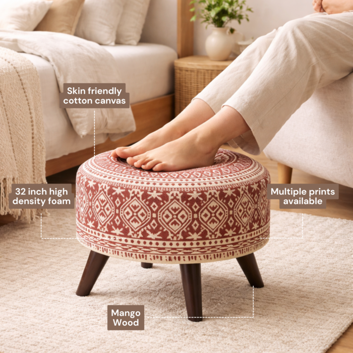 Boho Printed Upholstered Ottoman Stool – Stylish Round Footrest for Modern Homes - Image 3