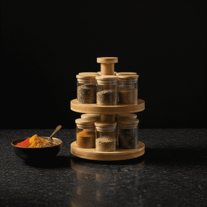 Premium Bamboo and Glass Revolving Masala Rack – 360° Spinning Kitchen Storage-with 12 jars - Image 2