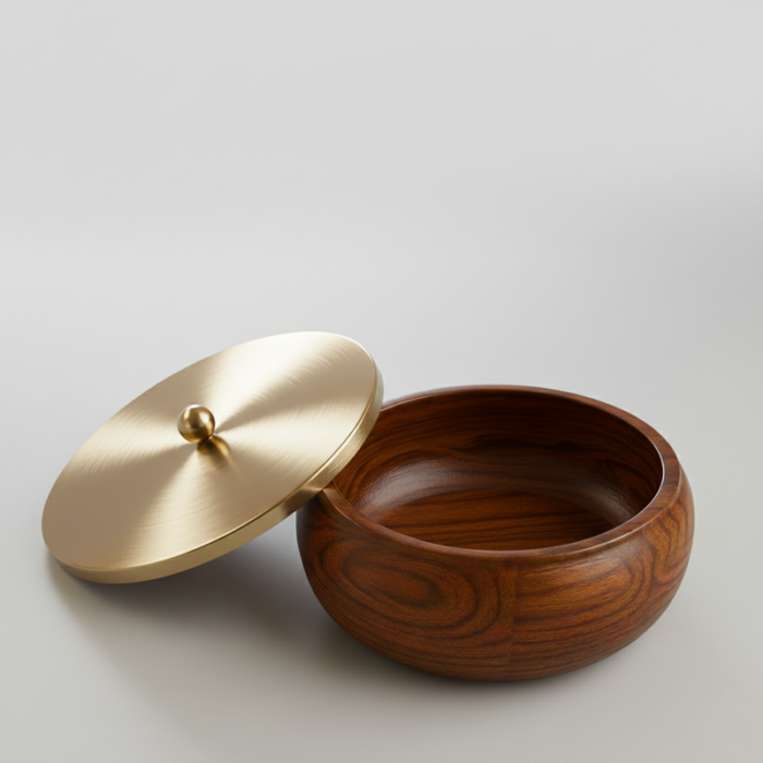 Luxury Brass and Wood Roti Box Set – Insulated Kitchen Storage with Serving Tongs-Insulated Hot Pot with Gold Finish Lid - Image 2