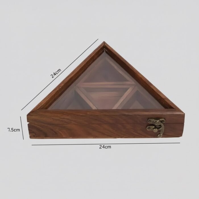 Unique Triangle Wooden Masala Box with 4 Compartments and Glass Lid - Image 4