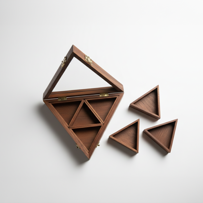 Unique Triangle Wooden Masala Box with 4 Compartments and Glass Lid - Image 3