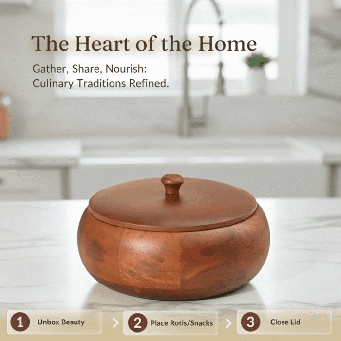 Handcrafted Sheesham Wood Roti Box – Handi Style Hot Pot with Lid-Insulated Wooden Casserole for Fresh Puris and Rotis - Image 3