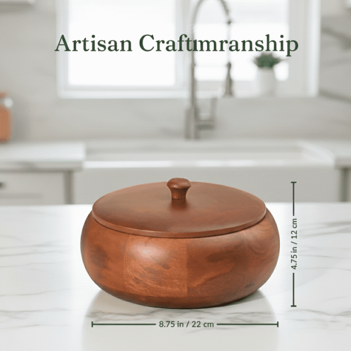 Handcrafted Sheesham Wood Roti Box – Handi Style Hot Pot with Lid-Insulated Wooden Casserole for Fresh Puris and Rotis - Image 4