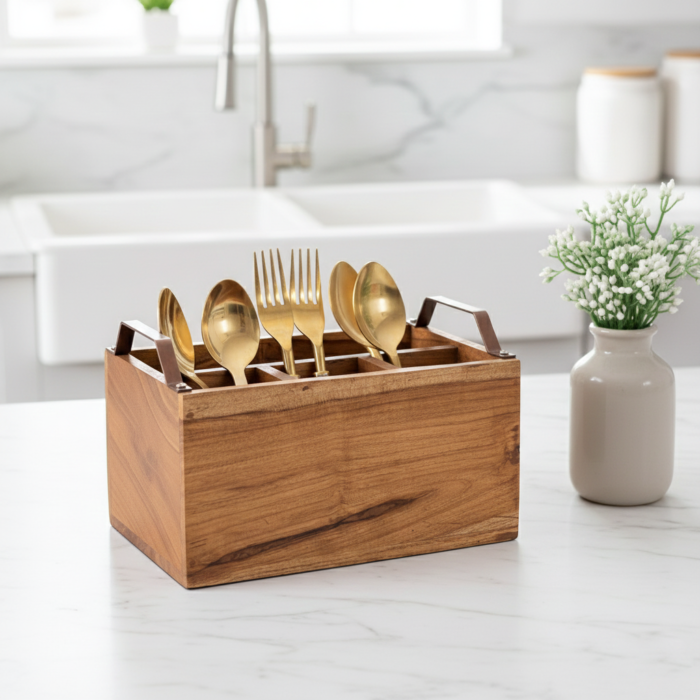 Wooden Cutlery Holder for  Kitchen & Dining Table: 4-Section Spaced Organizer with Metal Handles - Image 1