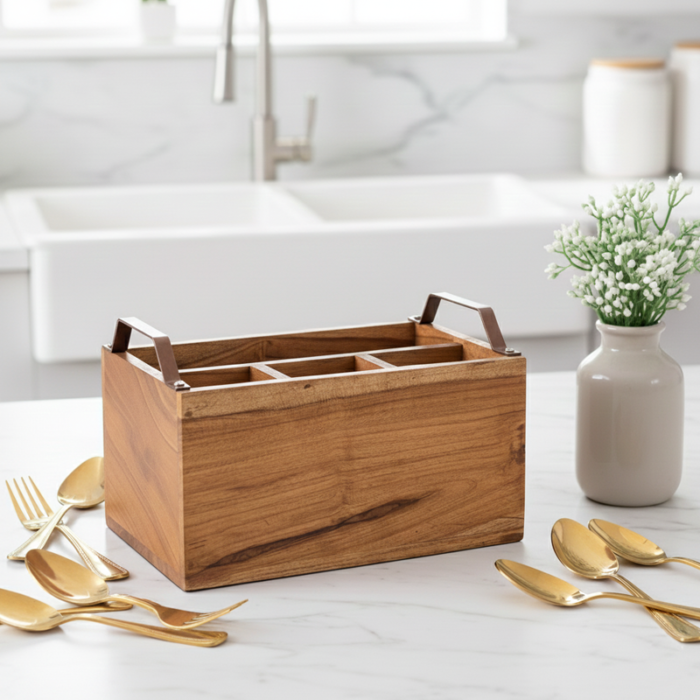 Wooden Cutlery Holder for  Kitchen & Dining Table: 4-Section Spaced Organizer with Metal Handles - Image 2