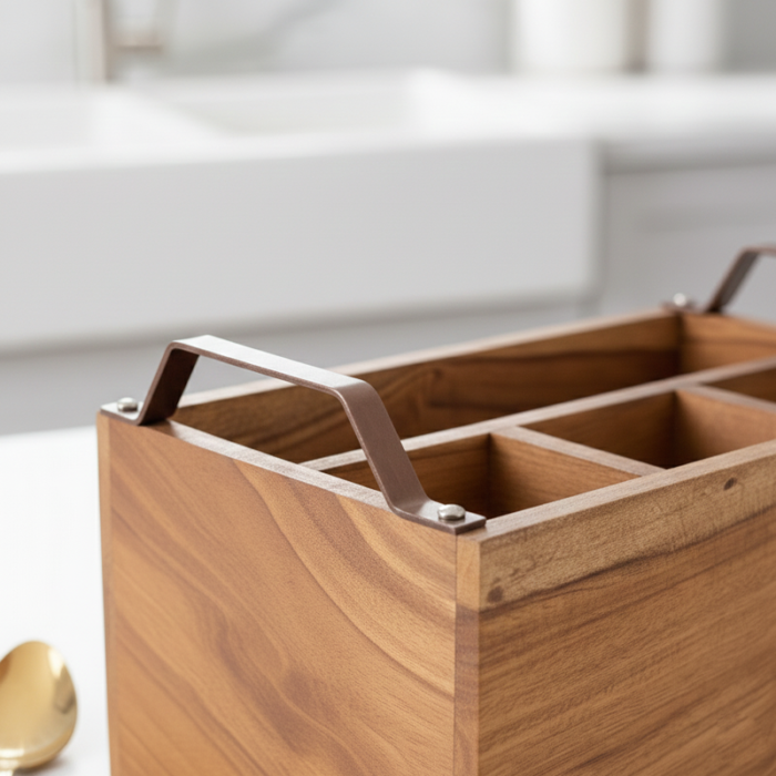 Wooden Cutlery Holder for  Kitchen & Dining Table: 4-Section Spaced Organizer with Metal Handles - Image 3