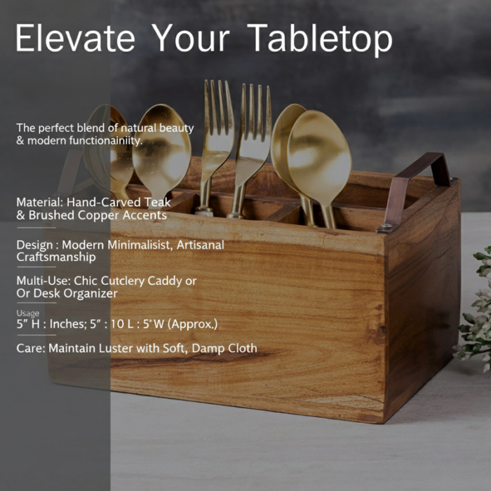 Wooden Cutlery Holder for  Kitchen & Dining Table: 4-Section Spaced Organizer with Metal Handles - Image 4