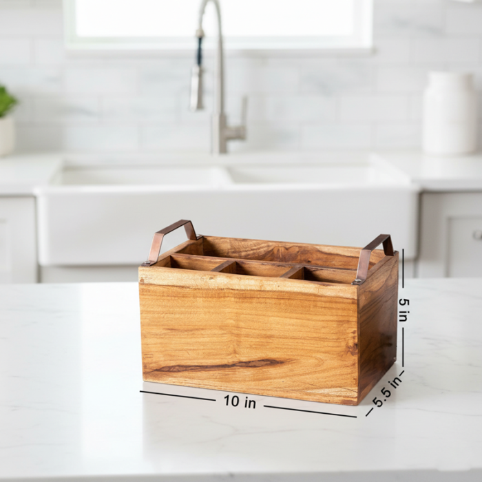 Wooden Cutlery Holder for  Kitchen & Dining Table: 4-Section Spaced Organizer with Metal Handles - Image 5