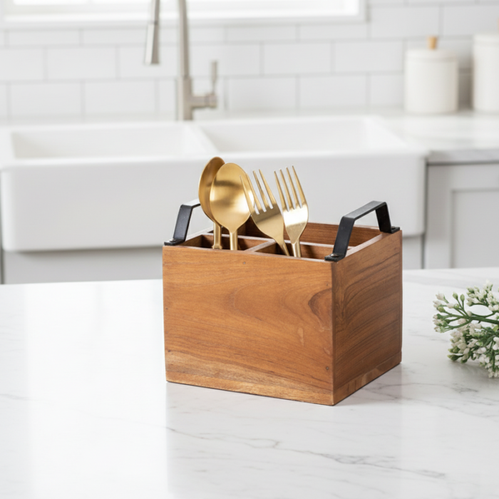 Nivara Spoon Holder-Compact Wooden Utensil Stand: 4-Section Spoon and Fork Holder - Image 2