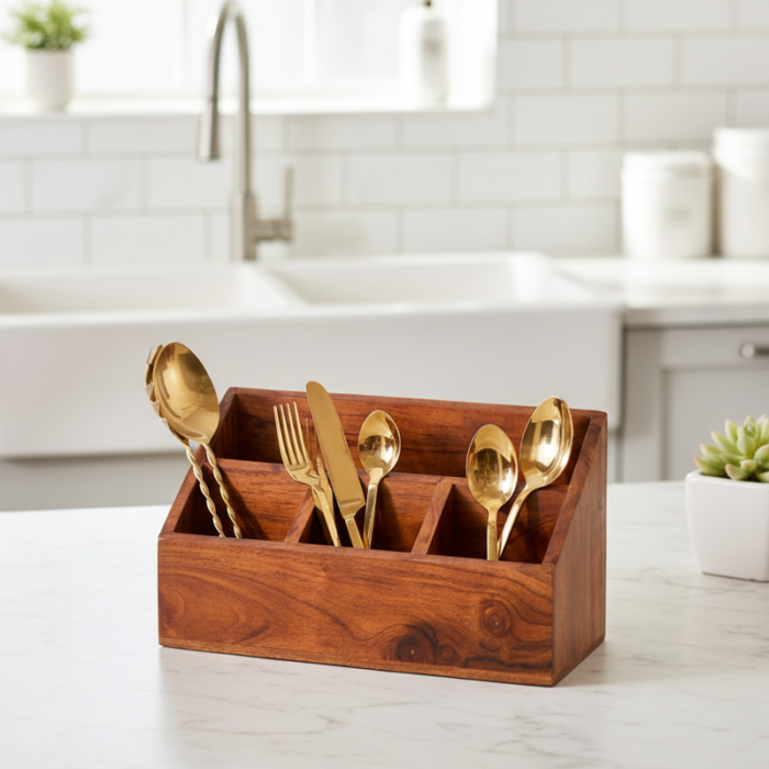 Trespia Cutlery Stand-Premium Wooden Flatware Organizer: Multi-Compartment Tabletop Server - Image 1