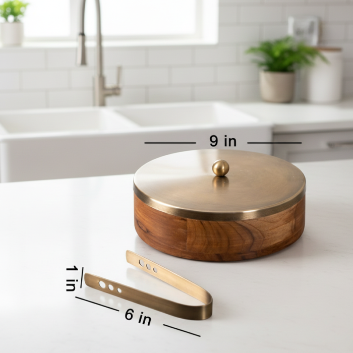 Luxury Brass and Wood Roti Box Set – Insulated Kitchen Storage with Serving Tongs-Insulated Hot Pot with Gold Finish Lid - Image 4
