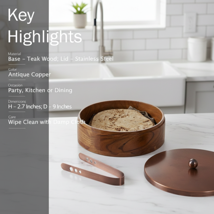 Luxury Brass and Wood Roti Box Set – Insulated Kitchen Storage with Serving Tongs-Insulated Hot Pot with Gold Finish Lid - Image 5