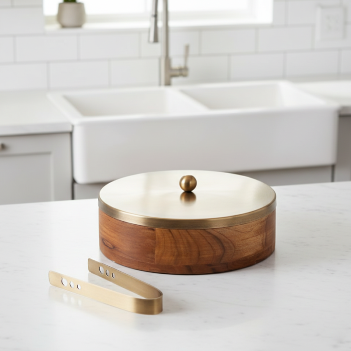Luxury Brass and Wood Roti Box Set – Insulated Kitchen Storage with Serving Tongs-Insulated Hot Pot with Gold Finish Lid - Image 6