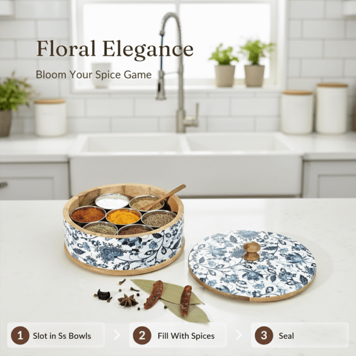Round Wooden Spice Box with Blue Floral Enamel Art – Includes 7 Metal Spice Jars and Spoon - Image 2