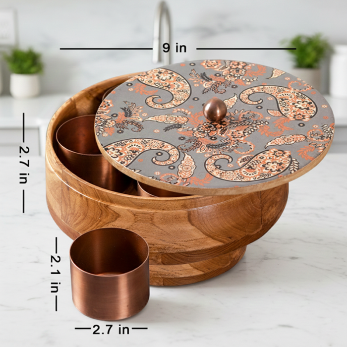 Round Wooden Spice Box – Designer Masala Danni with Copper-Tone Insets-with 7 Metal Containers - Image 2