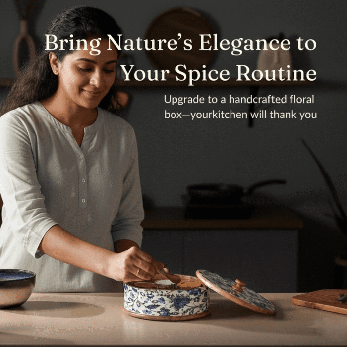 Round Wooden Spice Box with Blue Floral Enamel Art – Includes 7 Metal Spice Jars and Spoon - Image 3