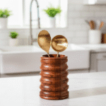 Orvani Petite Spoon Stand hand-turned ribbed acacia wood utensil holder by Intaryaa
