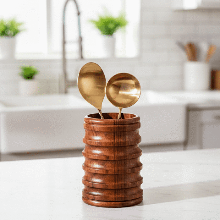 Orvani Petite Spoon Stand hand-turned ribbed acacia wood utensil holder by Intaryaa