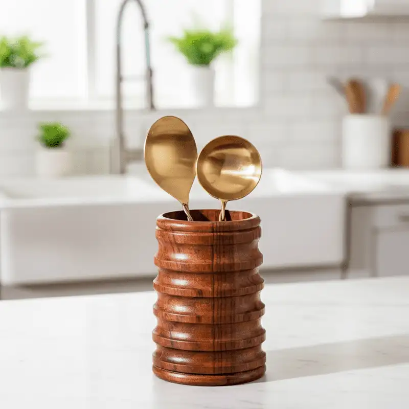 Orvani Petite Spoon Stand hand-turned ribbed acacia wood utensil holder by Intaryaa