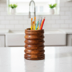 Orvani Petite Spoon Stand | Ribbed Acacia Wood Utensil Holder | Intaryaa