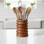 Orvani Petite Spoon Stand | Ribbed Acacia Wood Utensil Holder | Intaryaa