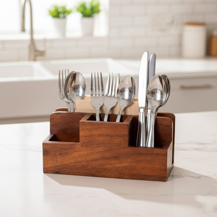 Wooden Cutlery Stand with Napkin Holder: Tiered Design for Table-3-Compartment Spoon Holder - Image 1