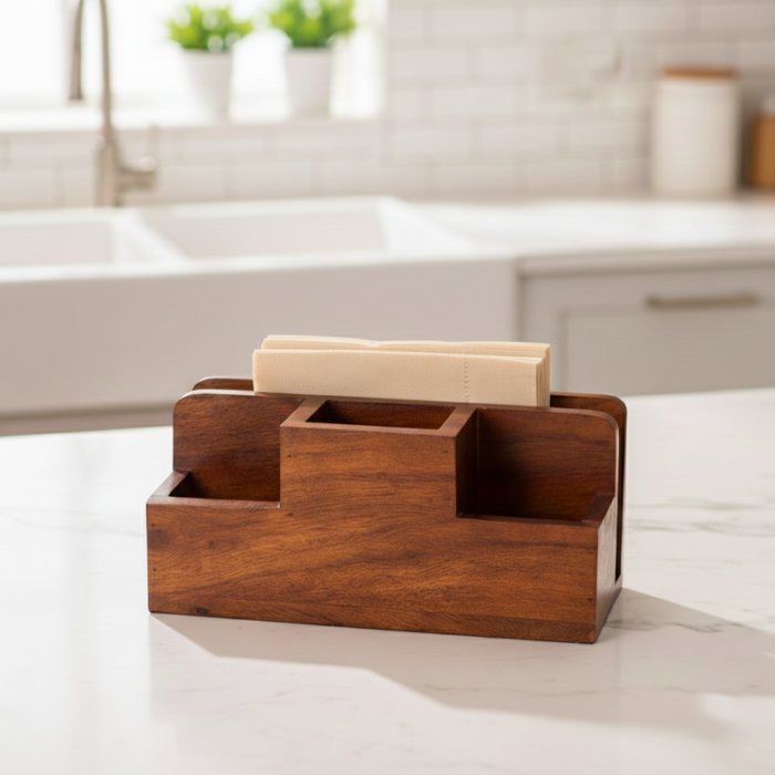Wooden Cutlery Stand with Napkin Holder: Tiered Design for Table-3-Compartment Spoon Holder - Image 3